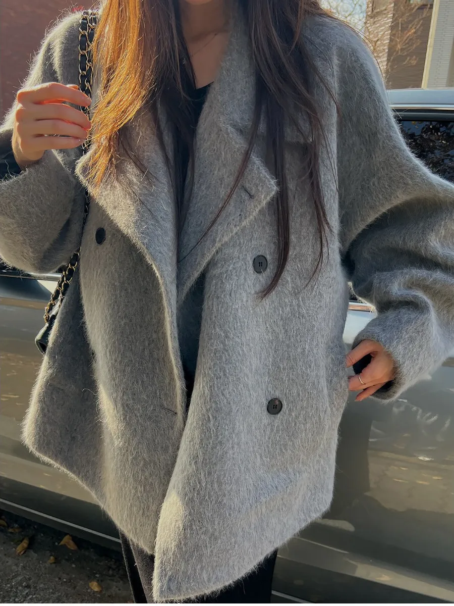 Casaco de lã retrô Briti Sle Thiened feminino solto lapela trespassado Faionable e Sli