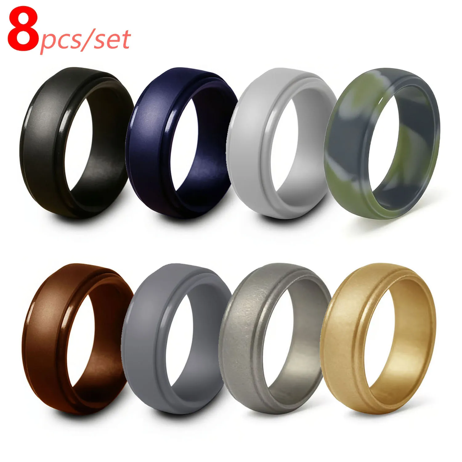 8pcs/set  8mm New Sports Rings Hypoallergenic Flexible Mens Wedding Rubber Bands Silicone Finger Ring For Men 7-14 Size