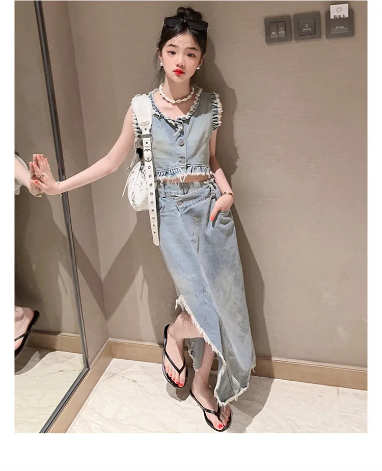 Girls Suits Woolen Denim Set Summer 2024 New Style Children Two-piece Children Summer Dress Simple Casual Clothes Suits