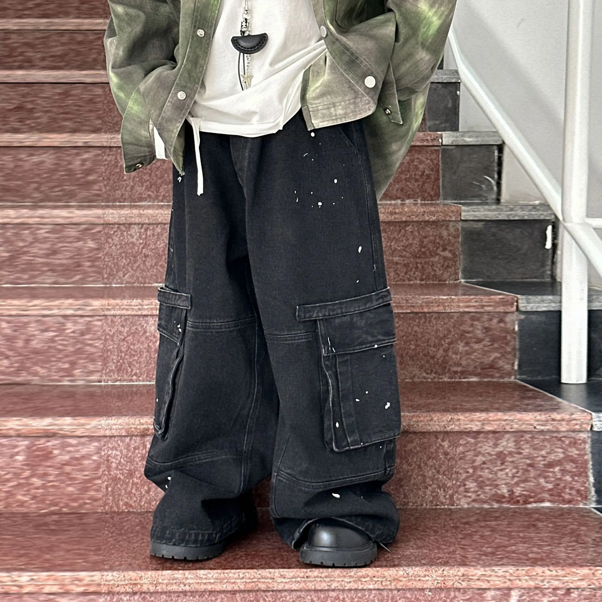 

Children's Clothing Denim Cargo Pants New Loose and Trendy Casual Black Baggy Brushed Style Work Pants Baby Autumn Clothes