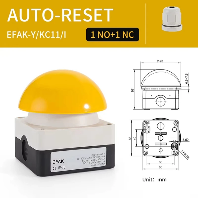 Interruptor de pé/mão IP65 EFAK Cabeça de cogumelo Interruptor de botão de parada de emergência Auto-travamento Auto-redefinição Anti-Sho A-ABHG