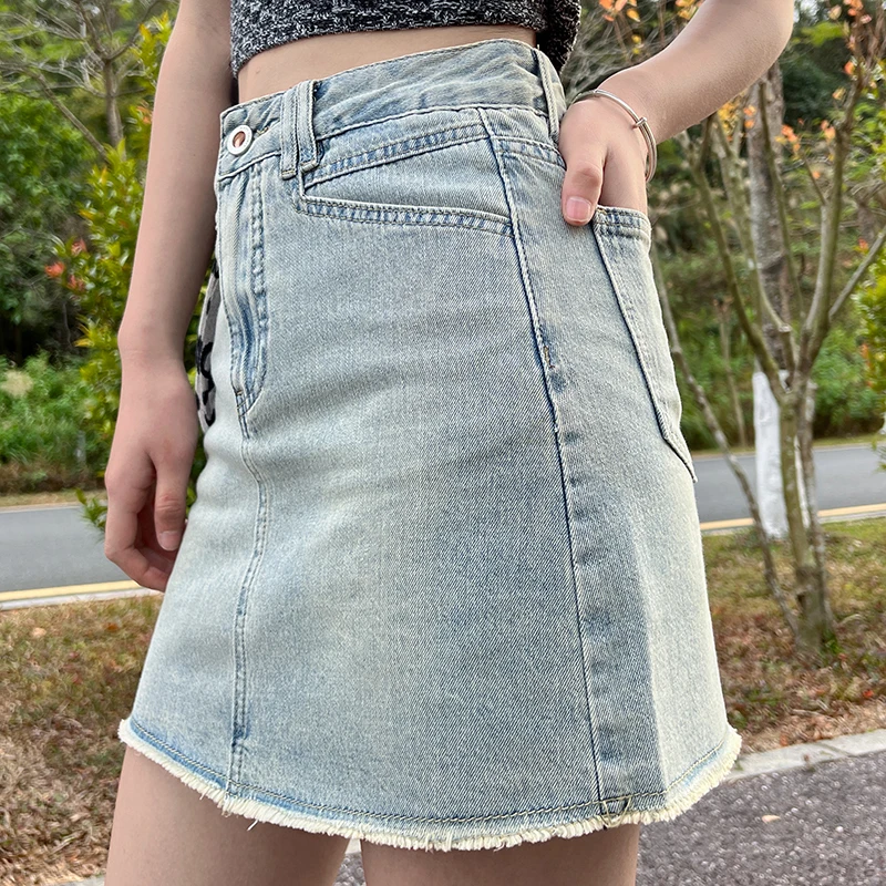 Ripped Vintage Y2k Denim Skirt Women Sexy Harajuku Star Streetwear Mini Skirts A-line Retro Fashion Slim Up Casual Jeans Skirt