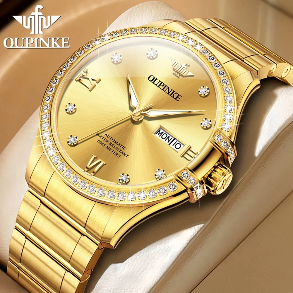 OUPINKE 3195 Automatic Mechanical Men's Watch Luxury Diamond Watch Imported Movement Dual Calendar Display Watches
