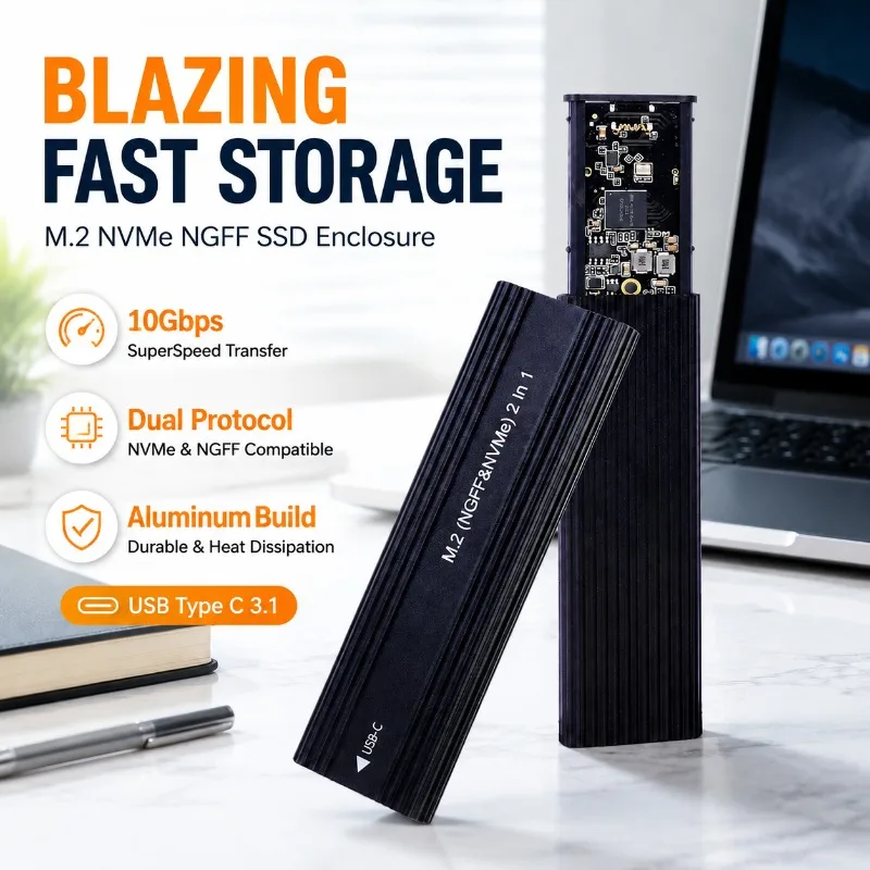 Aluminum M.2 SSD Enclosure Type-C 3.1 10Gbps Dual Protocol Adapter Support NVMe & NGFF SATA Solid State Drive External Storage
