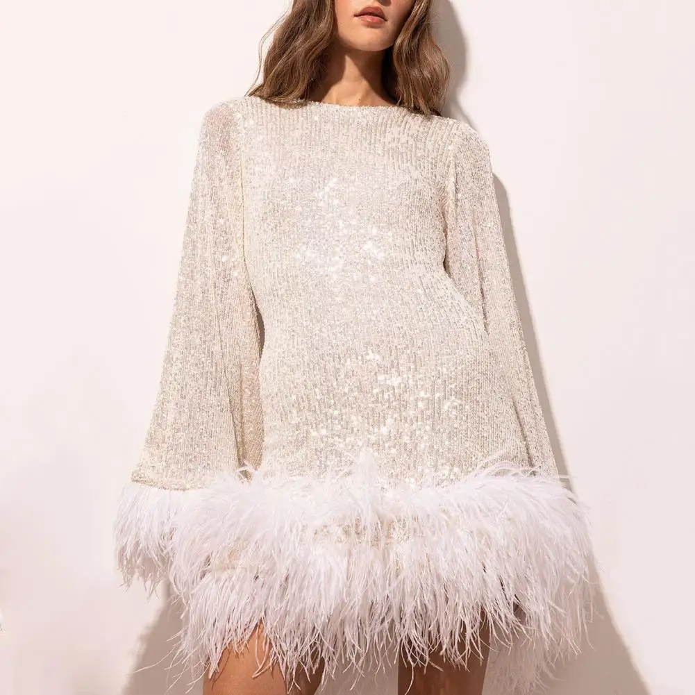 Feather Party Dress Elegant Sequin Feather Evening Dress with Backless Design Long Sleeves for Prom Wedding Party Events Sequin
