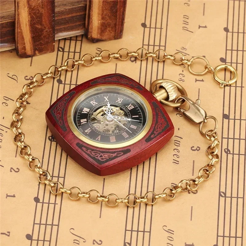 Vintage Square Case Red Sandalwood Automatic Mechanical Pocket Watch for Mens Womens Open Face Roman Number Clock with Chain