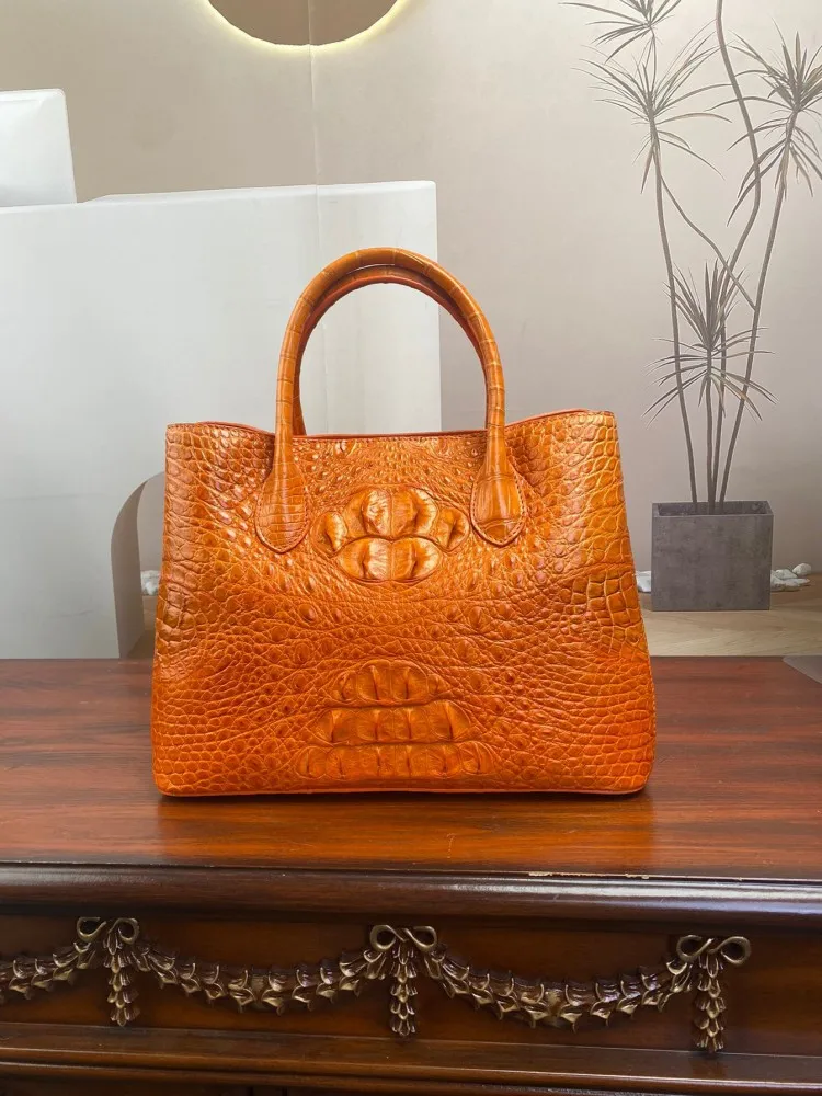 New Women Fashion Orange Crocodile Genuine Leather Bag Casual Totes Handbag Office Ladies Elegant Single Shoulder Crossbody Bags