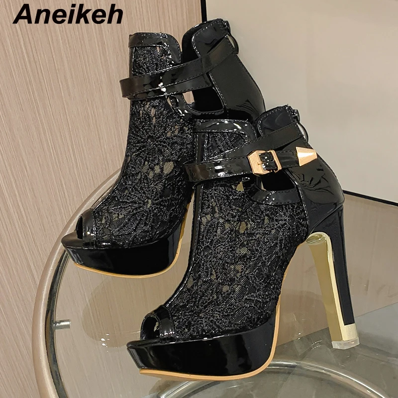 Aneikeh 2024 Summer New Lace up Ankle Boots Women\'s Open Toe Zipper Button High Heels Party Chelsea Boots Black  White 35-42