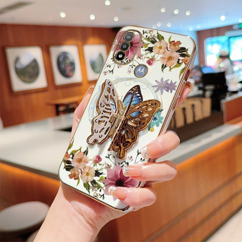 E 20 Flower Butterfly Plating Holder Phone Case For Motorola Moto G13 E13 E22 E32 E20 E22i E7Plus E7Power EDGE 20 EDGE 30 Cover