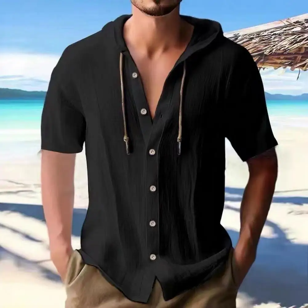 

Hooded Casual Summer Shirt Casual Short-sleeve Beach Top Stylish Men's Hooded Drawstring Cardigan Lightweight Beach for Casual