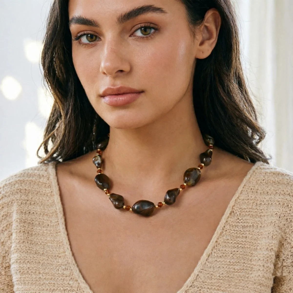 Vintage Unregelmäßige Braune Acryl-Perlenkette für Damen und Herren, Lässiger Minimalistischer Kristall-Abstandsperlen-Choker, Ins Ästhetischer Schmuck – Detail 18