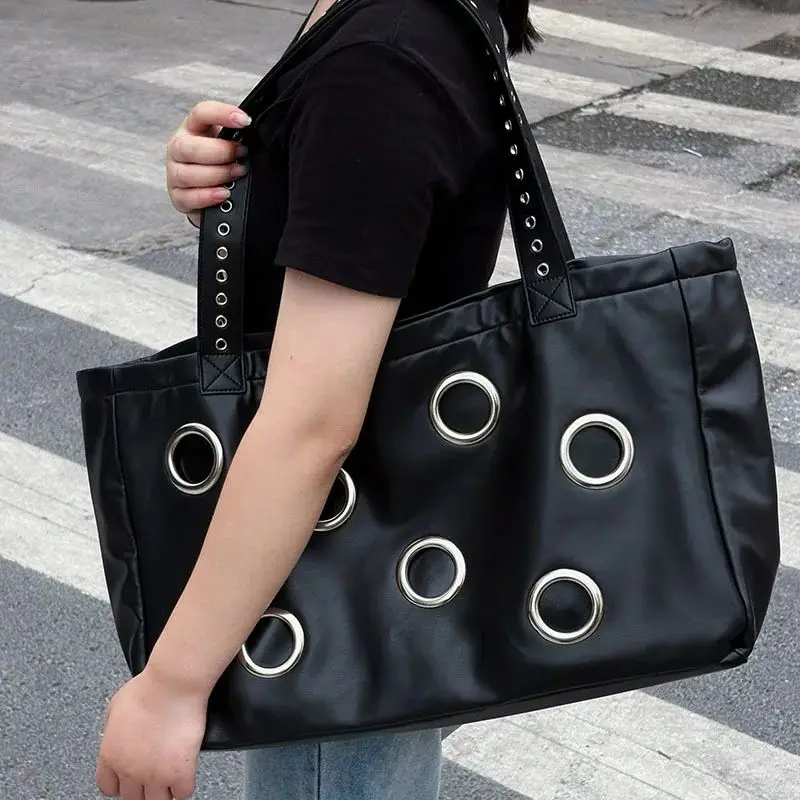 

Hollow Rivet Tote Bags Large Capacity Casual Bucket Bag Soft PU Leather Handbags and Purses Shopper Women Bag Clutch