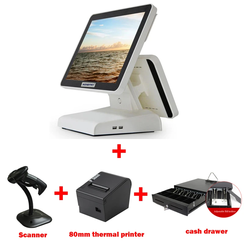 Free Shipping 15 Inch Dual Touch Screen Pos thermal Cash Register All In One Pos System With Cash Drawer