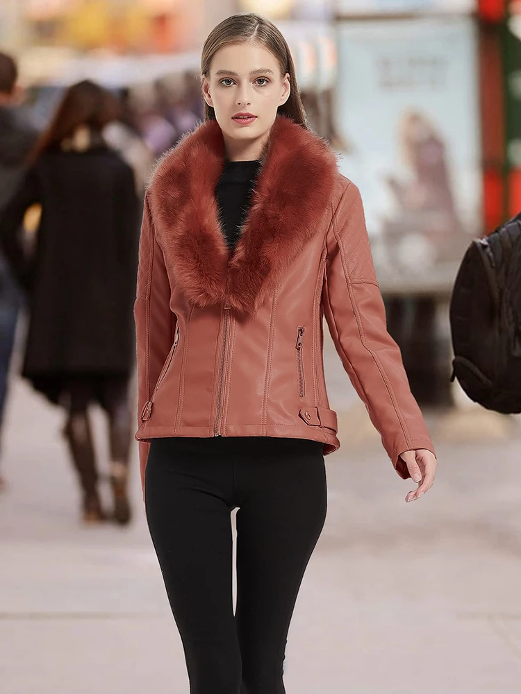 Giolshon-Veste en faux daim pour femme avec col en fourrure, veste en cuir PU, manteau de moto, femme, chaud, hiver, printemps, mode