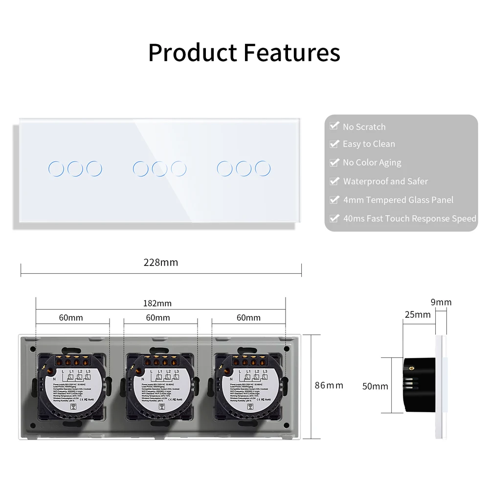 Imagem -06 - Bingoelec Wifi Interruptor do Sensor de Toque Interruptor de Luz Inteligente de Parede de Classe de Cristal Triplo Trabalhar com Tuya Google 9gang 228 mm