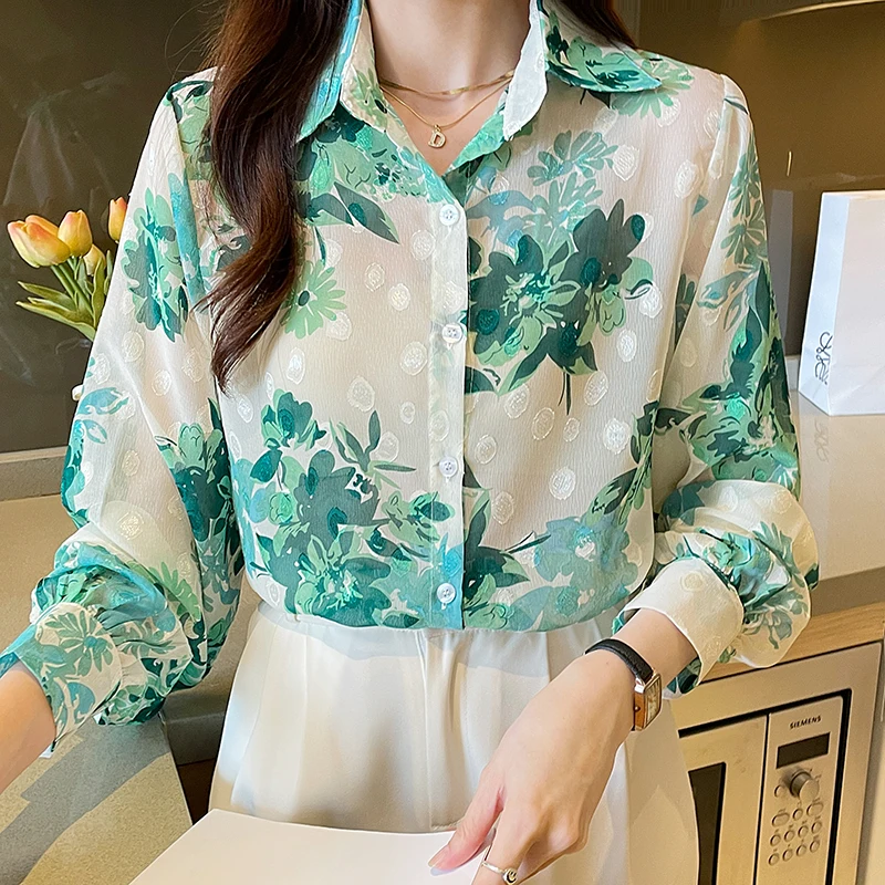 Women Spring Korean Loose Fashion Printing Appear Thin Polo-Neck Long Sleeve Shirts Women Clothes Casual All-match Elegant Tops