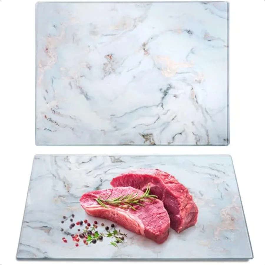 

Set of 2 Glass Cutting Board with Marble Pattern Tempered Glass Chopping Board with NonSlip Feet 16x 12 Large Glass Board for C