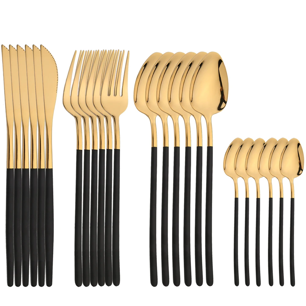 

24Pcs Dinnerware Set 18/10 Stainless Steel Knife Fork Spoon Black Gold Cutlery Set Tableware Silverware Set Dishwasher Safe