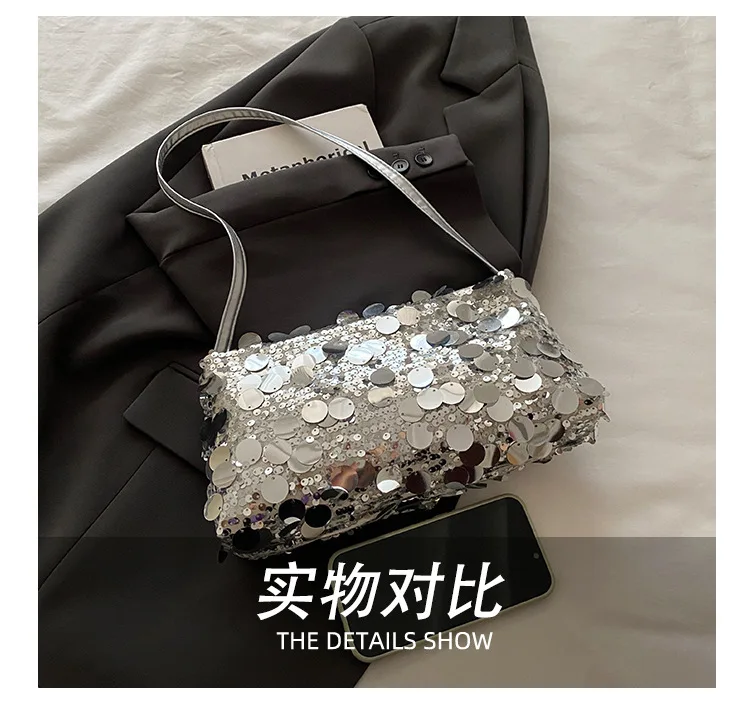 Neue Pailletten-Abendtasche, Schultertasche für Damen, leicht, tragbar, Damen-Umhängetasche mit Riemen, einfarbig, modische Handtasche für Frauen. – Detail 8