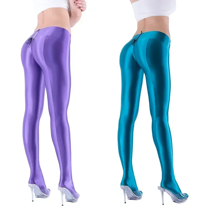 Sexy  Oily gloss High elasticity zipper Leggings sport women fitness push up yoga Show buttocks Tight pants