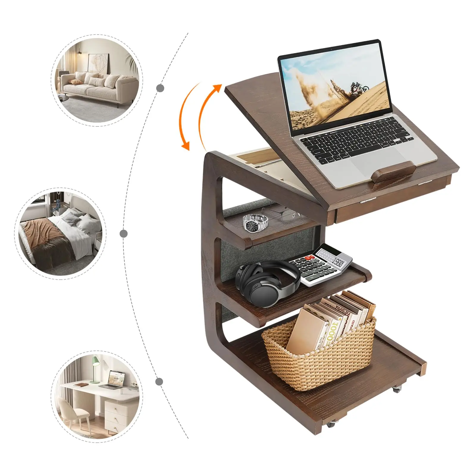 Tavolino a forma di C con ruote, tavolino laterale a 4 livelli Tavolino da divano in legno Tavolo da lettura con portaoggetti Desktop regolabile per Liv