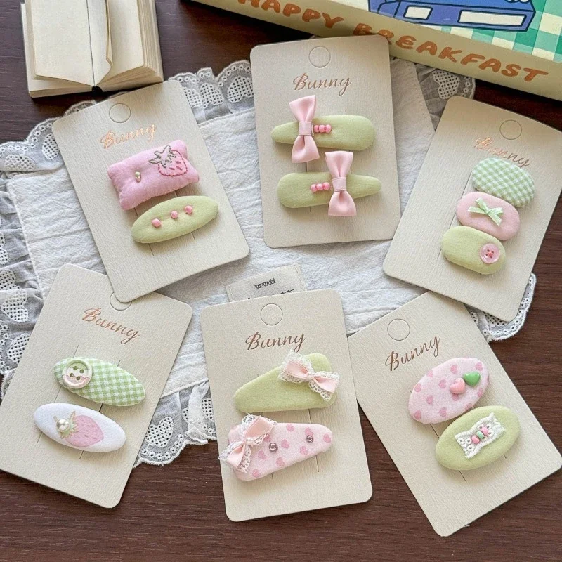 Korean Fabric BB Clip Heart-shaped Printed Handmade Children's Hairpin Cute Girl's Bangs Pink Bowknot Headwear Hair Accessories