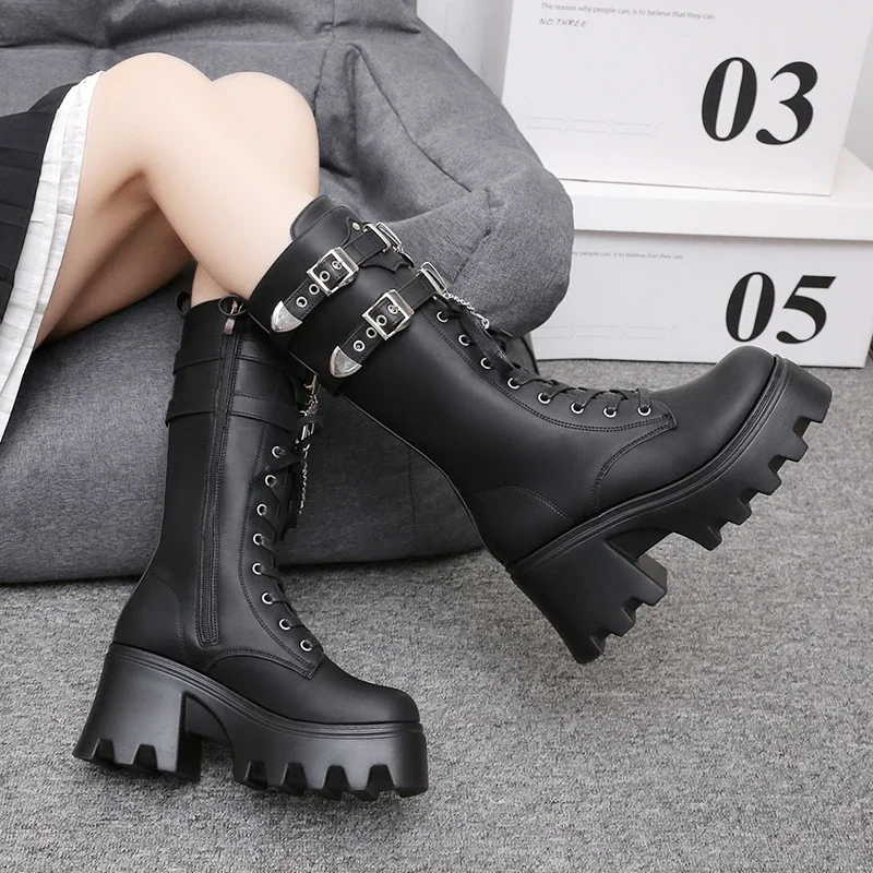 Autumn Women Punk Style Platform Mid-calf Boots Thick Sole Leather Motorcycle Boots 9CM Chunky Metal Buckle Short Boots Woman
