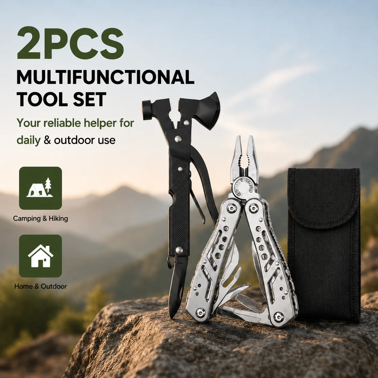 Image of 2-teiliges Outdoor-Multitool-Set mit Hammer und Multifunktionszange, tragbare Camping- und Wanderwerkzeuge mit Tasche