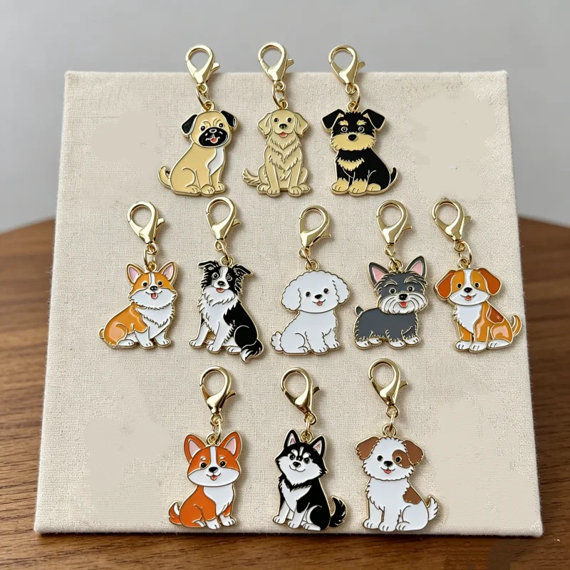 11Pcs Cute Cartoon Dog Keychains Alloy Enamel Puppy Charms, Corgi Husky Poodle Bulldog Schnauzer Bag Purse Backpack Car Key Pend