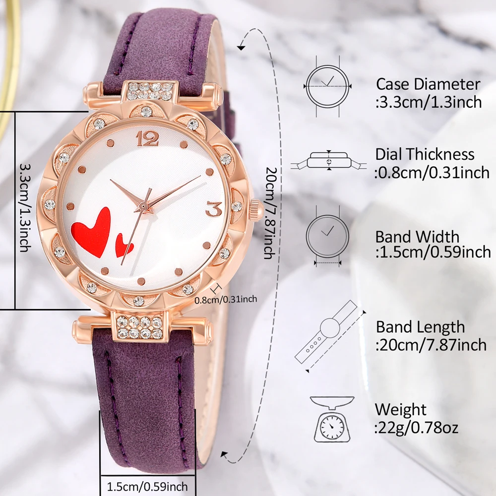 5 PCS Quartz Watch Set Purple PU Imitation Leather Strap Watch Heart Fashion Versatile Alloy Accessory Set