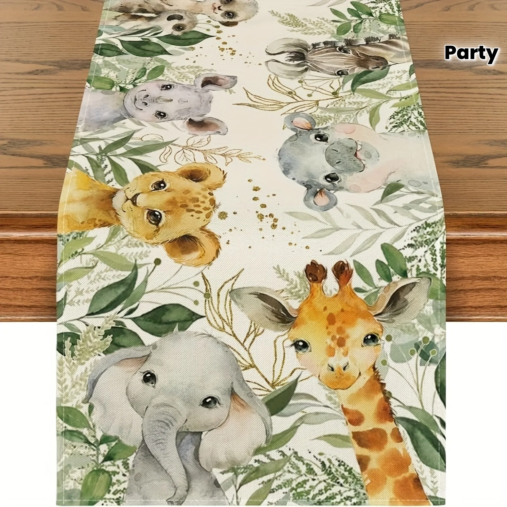 Watercolor Jungle Baby Animal Table Runner Elephant Giraffe Lion Green Leaf Print for Dining Table Baby Shower Party Decor