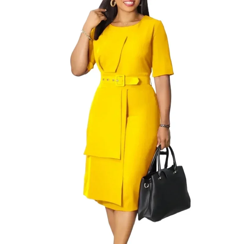 Women Elegant Dress Bodycon with Waist Belt Short Sleeves High Waist Slim Modest Church Dresses for Women Summer African Gowns