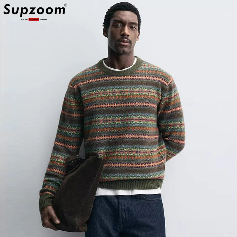 Supzoom 2025 New Arrival Top Fashion Cotton Pullover Male Pattern Jacquard Round-Neck long Sleeves Casual Sweater Men