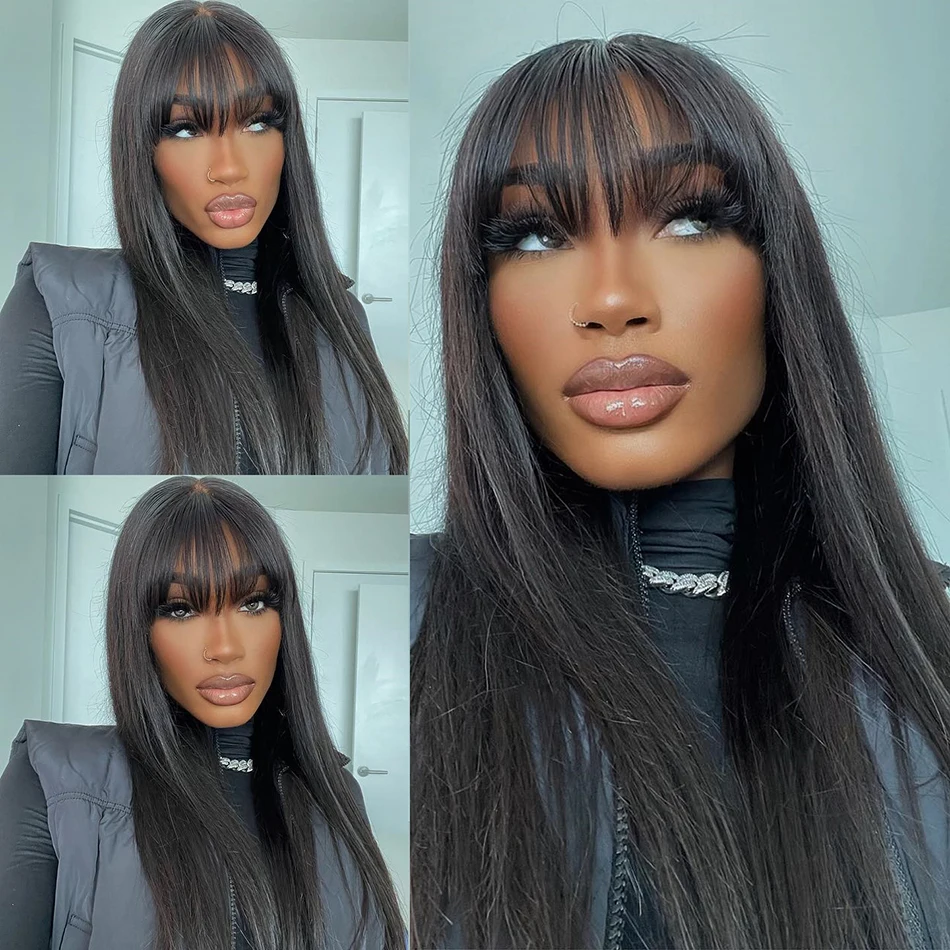 

3X1 Middle Part Lace Wig Bone Straight Human Hair Wig With Bangs Brazilian 30 34 Inch Full Machine Made Straight Wig For Women