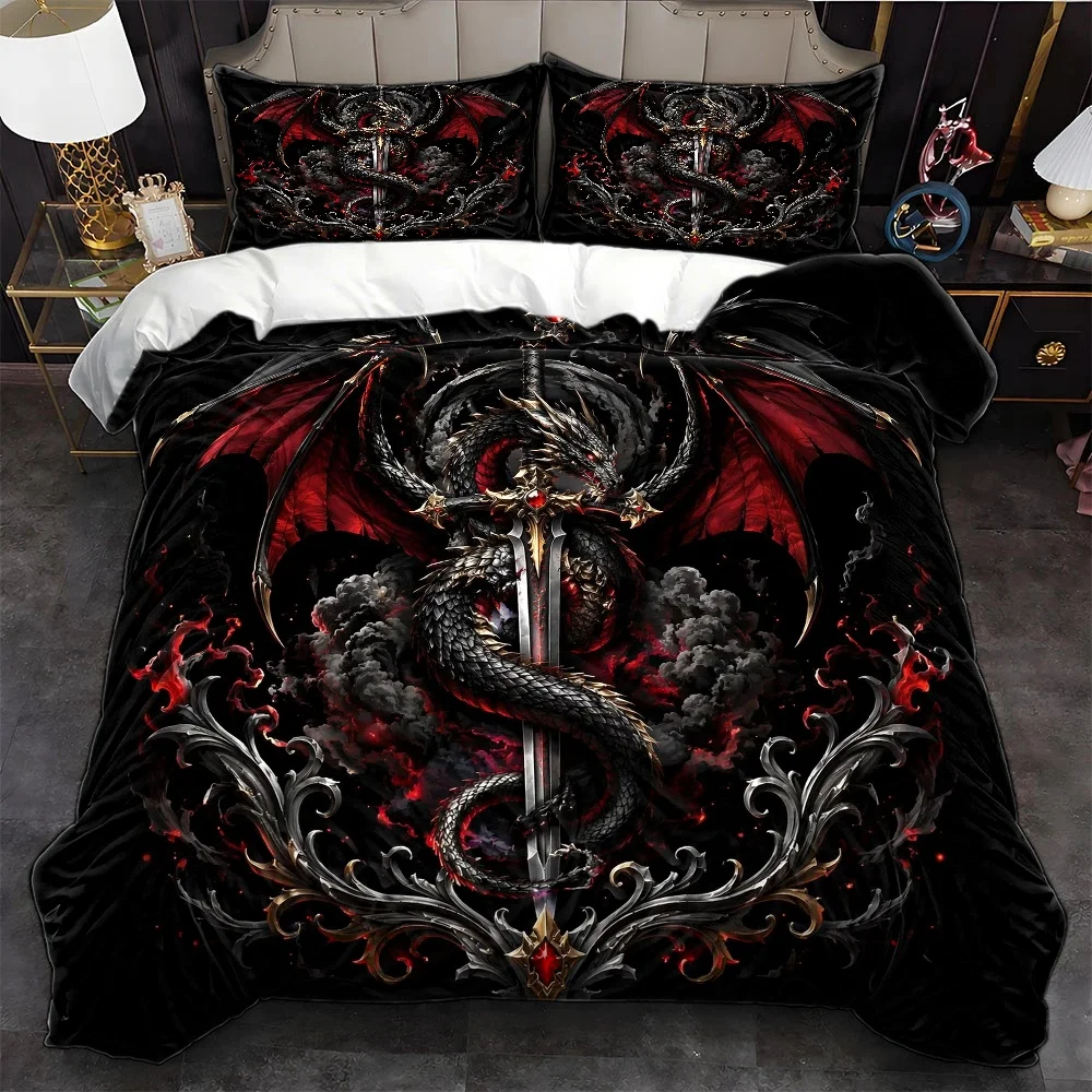 3Pc Dark Dragon Pattern Sword Shadow Duvet Cover Set, Three-Piece Bedding Set (1*Duvet Cover + 2*Pillowcases), Suitable for All Seasons, Machine Washable, Invisible Zipper Design, Large Double Bed Cover, Gothic Style Suitable for Home, Dormitory, Master Bedroom, Guest Room, Cool Dragon and Sword Print Bedding Set, Personalized Dark Style Bedding Set, Easy to Clean and Durable Bed Cover Set, Hot-Selling Bedroom Decoration Bedding, Trendy Fantasy Element Duvet Cover Set, Comfortable