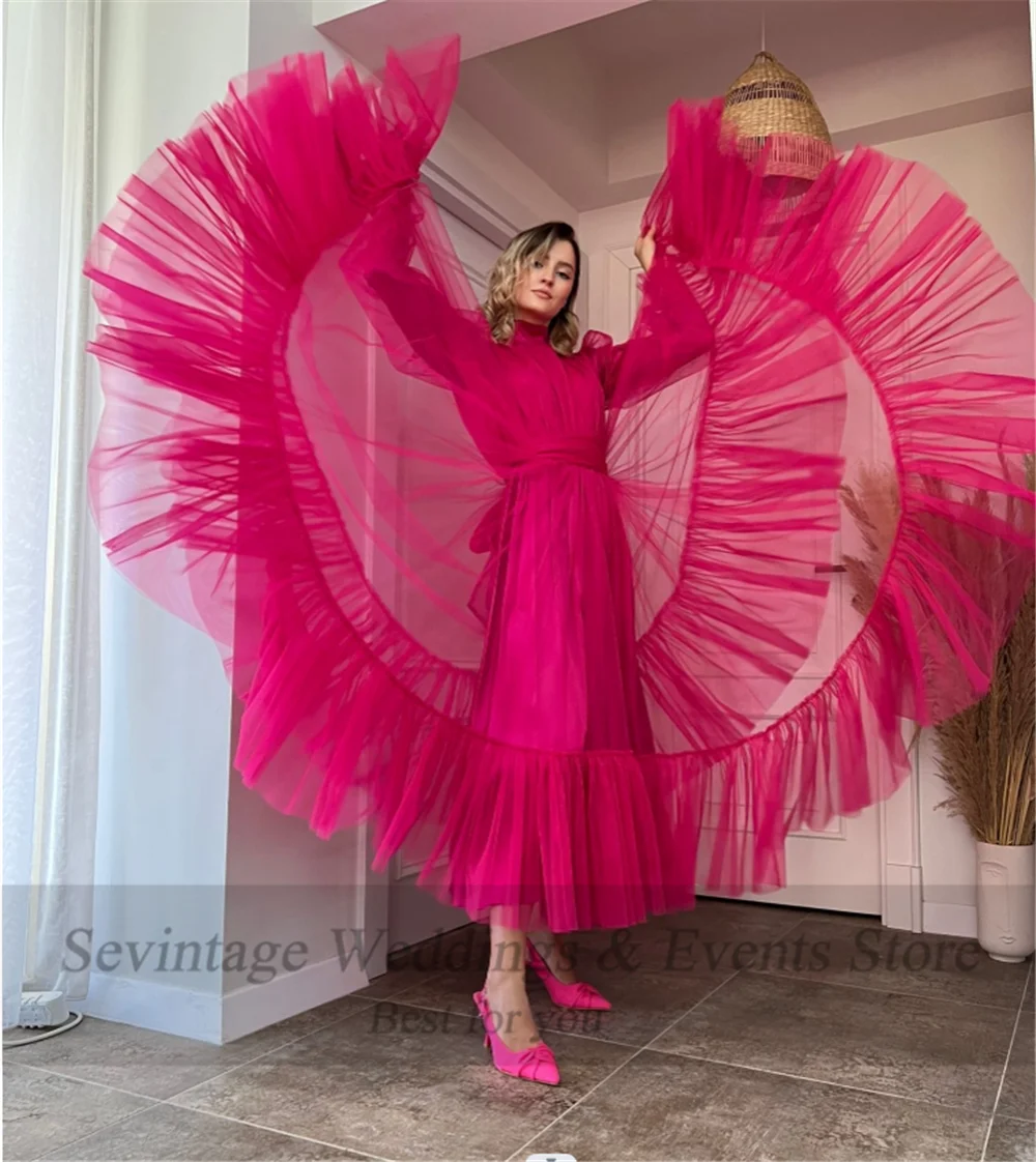 Sevintage Fuchsia Long Sleeves Prom Gowns A Line Tulle Tiered Skirt Short Formal Special Party Dresses Women Bridesmaid Dress