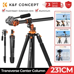 K&F Concept 91 inch/2.3m Fluid Head Tripod Video Tripod Reversible Detachable Monopod Transverse Center Column Horizontal Tripod