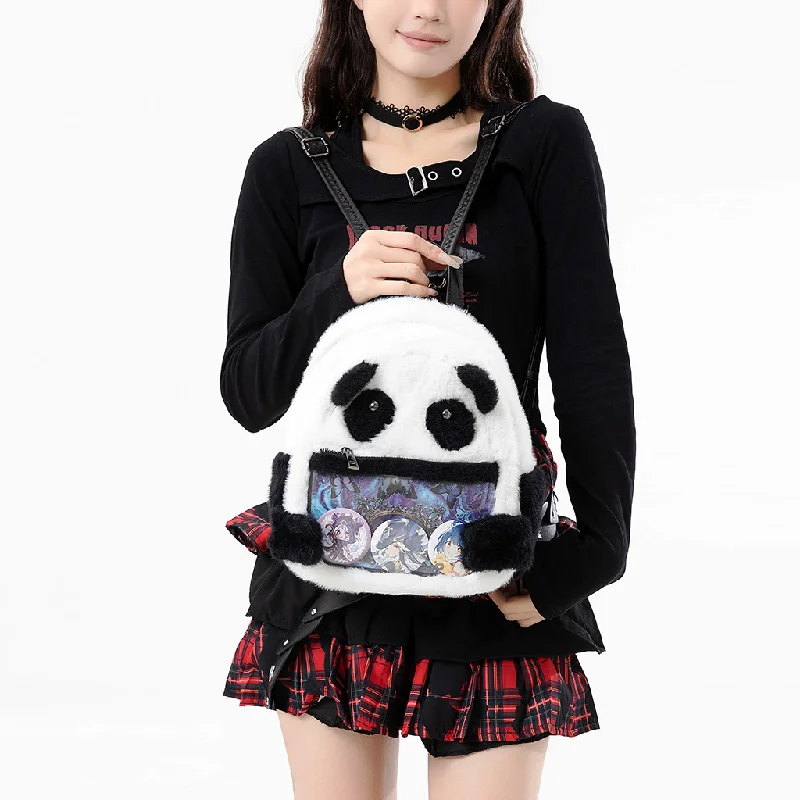 Cute Plush Panda Ita Backpack Mini Fluffy Shoulder Bag with Clear Pin Window Kawaii Cartoon School Bag for Girls
