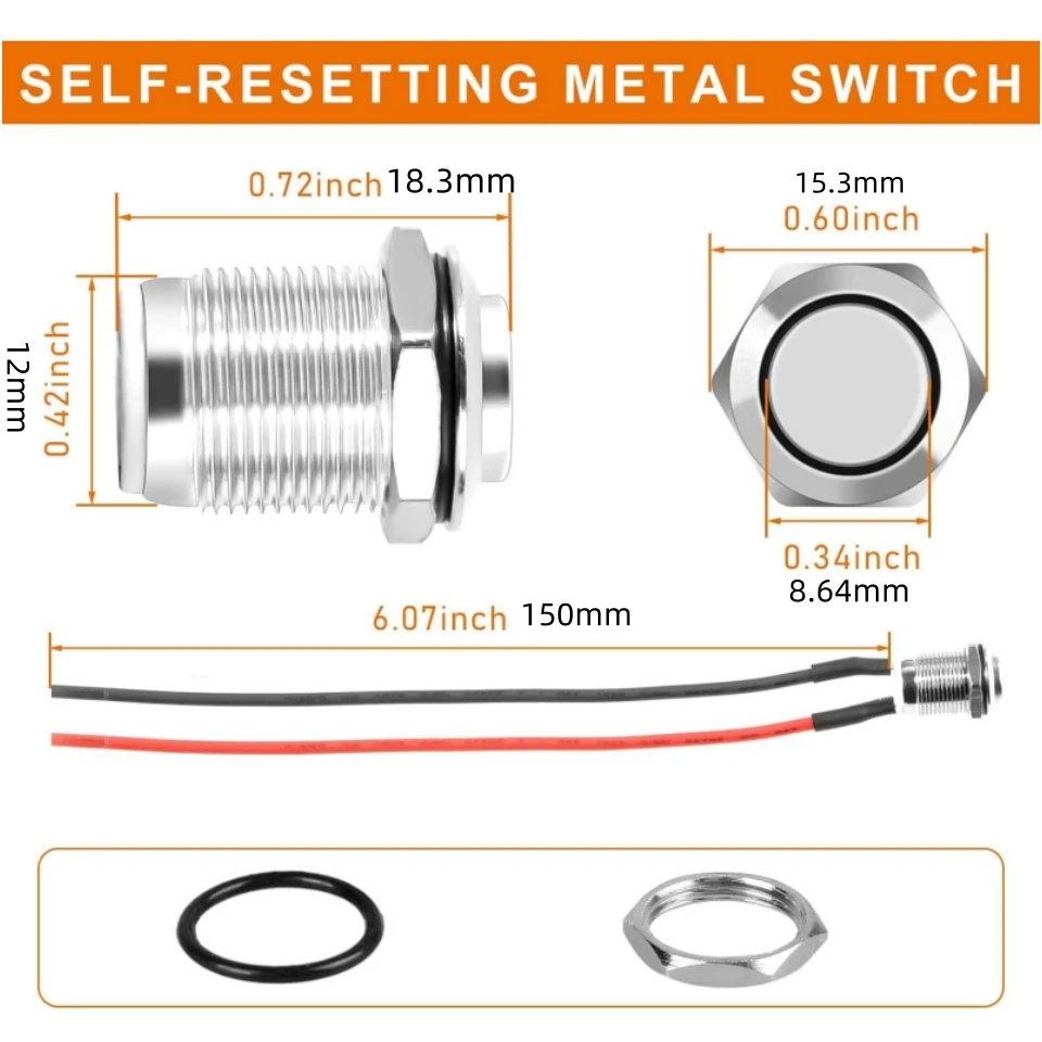 12mm Momentary Push Button Switch 12V Metal Waterproof Pushbutton Switch Silver Normally Open (ON) Off 2 Pin SPST