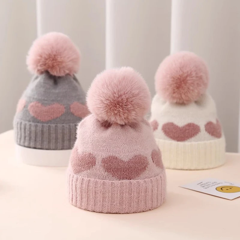 New Autumn Winter Baby Knitted Hats Warm Toddler Knit Beanie Cute Heart Pattern Newborn Hats For 0-12M Baby