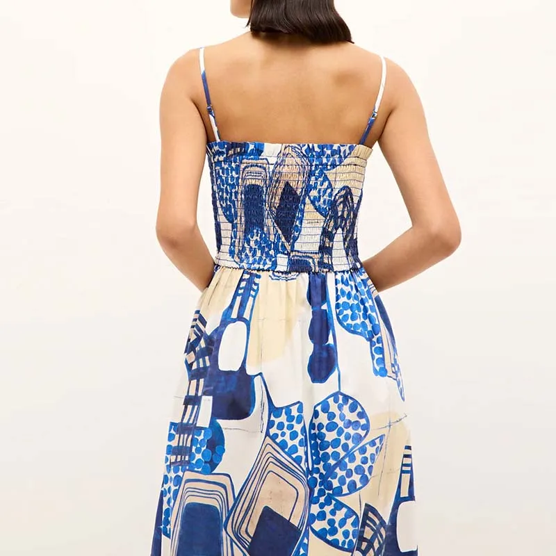Vestido plisado con tirantes de verano, vestido informal de cintura alta sin mangas para playa, vestidos largos con estampado de patrón azul y hombros descubiertos, vestido Bohe