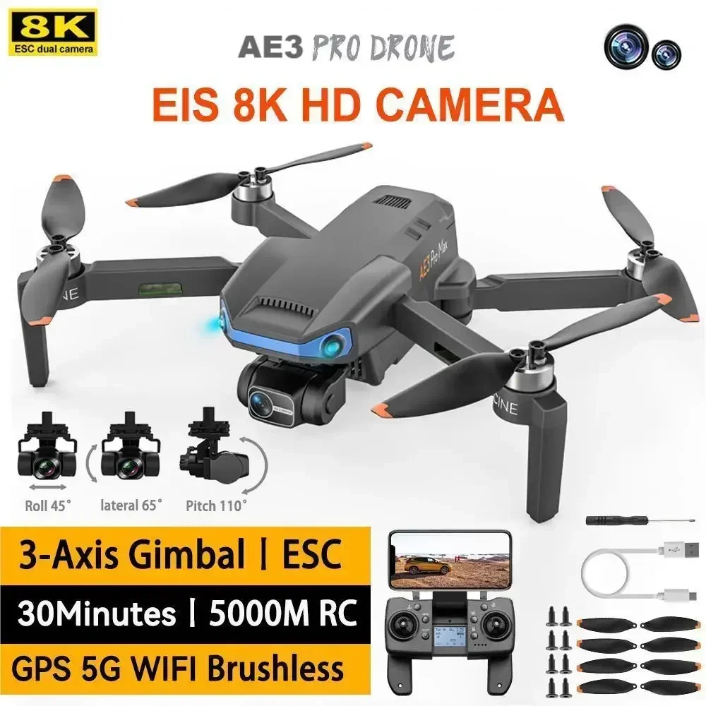 

Hot AE3 ProMax GPS Drone 3-Axis 8K Dual Camera Drones Gimbal Obstacle Avoidance 5G Folding Quadcopter RC Distance 1500M Dron Toy