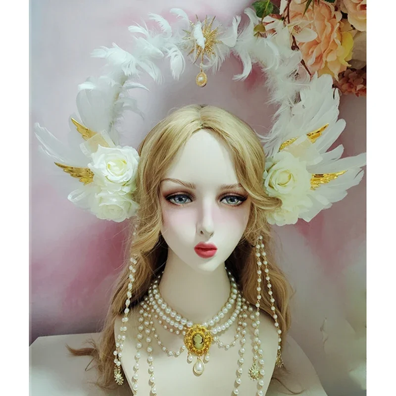 Gothic Lolita Witte Roos Engelenvleugels KC Halo Kroon Hoofddeksel Zonnegodin Mary Kralenketting Barokke Tiara Hoofddeksels Haaraccessoires