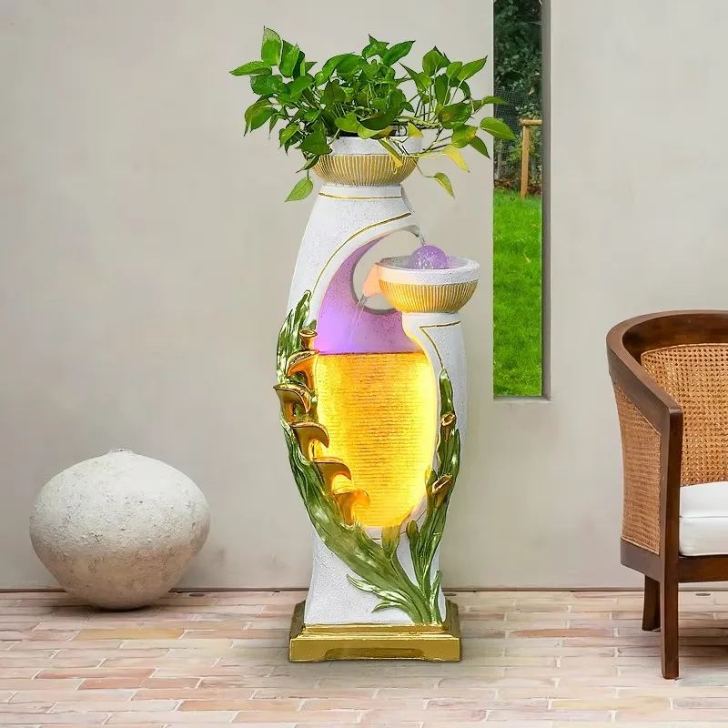 Decorative Freestanding Water Feature Planter Indoor Outdoor Home Garden Water Ornament Embossed Leaf