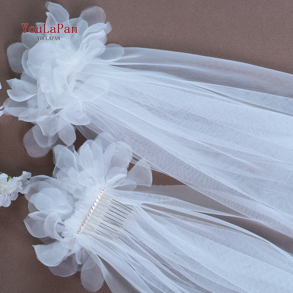 TOPQUEEN Simple Retro Style Bridal Veil 2-Piece Ribbon Comb Wedding Accessory Velos De Novia Flores V233