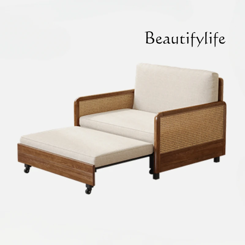 

Solid Wood Folding Sofa Bed Dual-Use Living Room Ash Walnut Color Multifunctional Pull-out Telescopic Bed