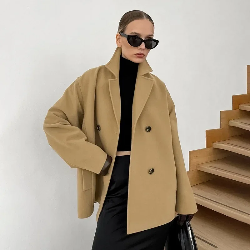 

Autumn winter temperament woolen coat medium long loose thickened brown double-breasted woolen coat commuter women's clothing