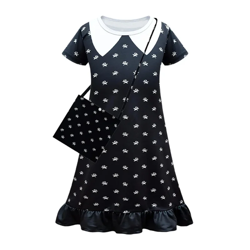 Disfraz de Cosplay de la familia Addams para niños, vestido con estampado Addams, peluca, trajes góticos Vintage para niñas, ropa de juego de rol de Halloween