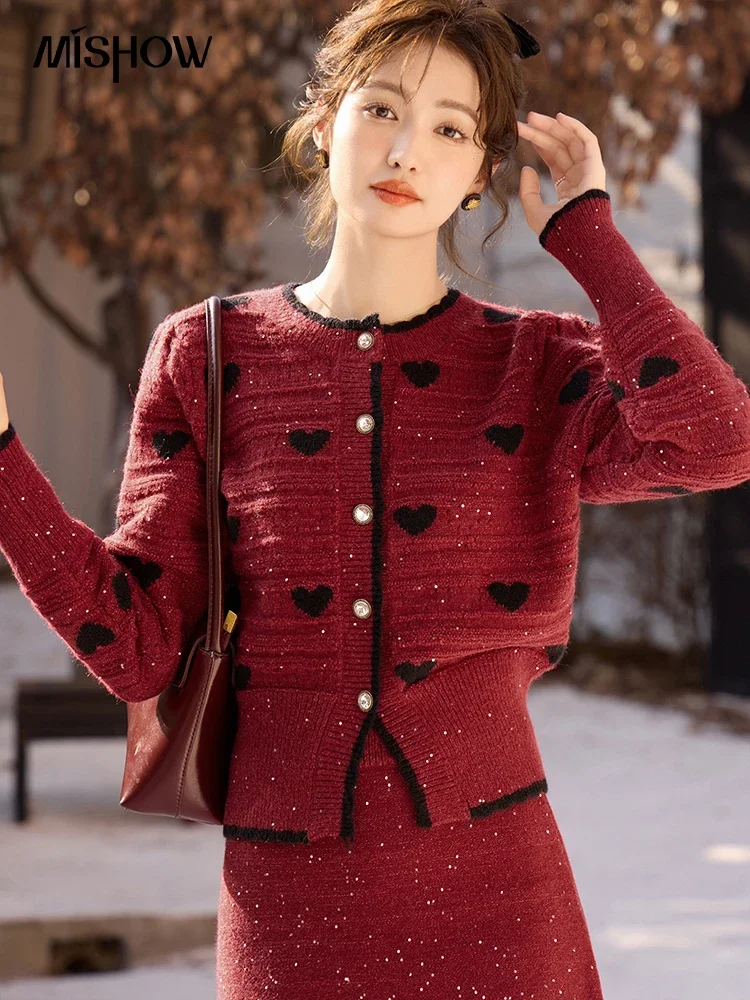 MISHOW Christmas New Year Sequin Skirt Set Women Knitted Cardigan Mini Sequined Skirts Autumn Winter 2 Pieces Sets MXC59Z0515