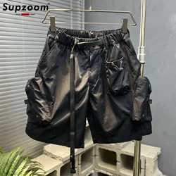 Supzoom New Arrival Top Fashion Summer Loose Casual Belt Design High Street Trendy grid Stitching Pocket Personalized Shorts Men